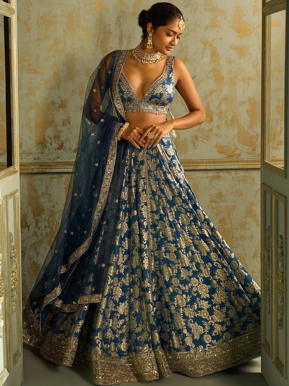 Elegant Navy Blue Maxi Lehenga Dress with Gold Embroidery🌟💙